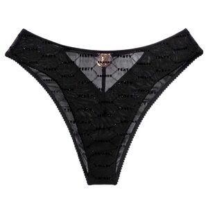 Savage X‎ Fenty by Rihanna Black Sheer Shimmer Flocked Logo Brazilian Underwear